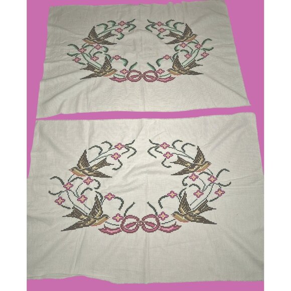 Vintage Hand-Stitched Embroidered Cross-Stitch Fabric Panels Swallows Floral - Picture 1 of 12